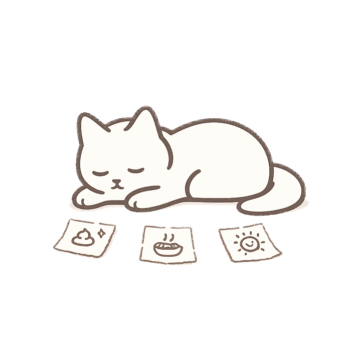 A hand-drawn resting cat beside small bowel, meal, and mood note cards
